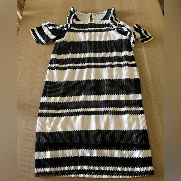 Zara| Black & White Cold Shoulder Dress with Mesh Style Layer, Size Small••• - Picture 5 of 13
